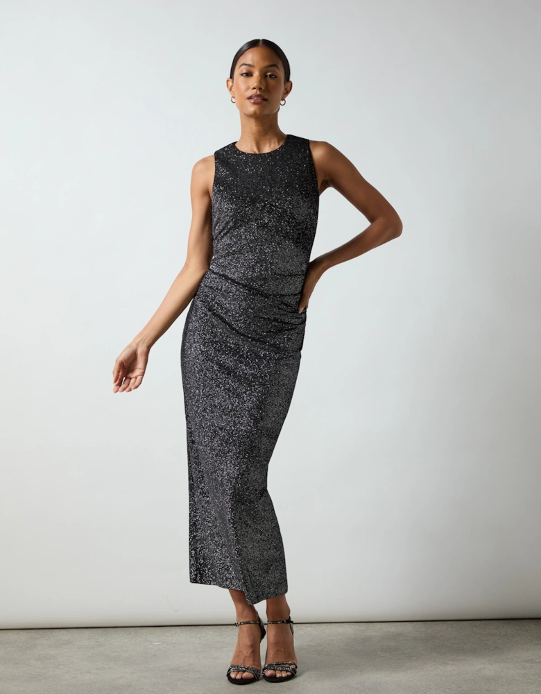 Petite Gabriela Black Sparkle Velvet Column Midi Dress