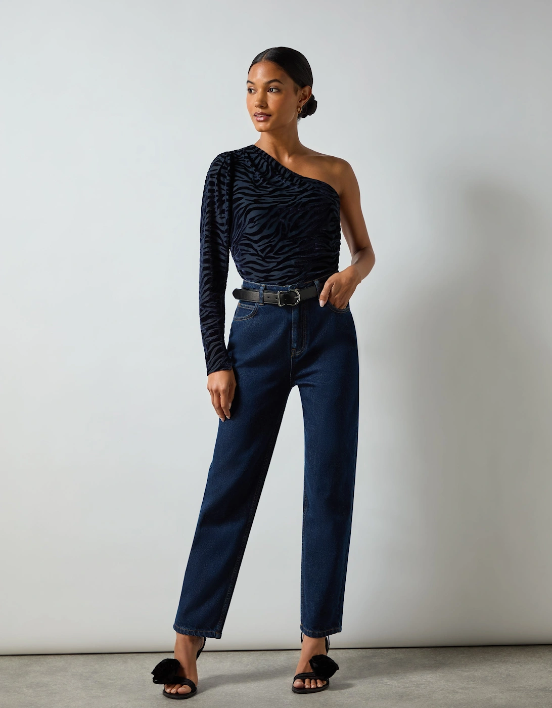 Navy Zebra Burnout One Shoulder Top