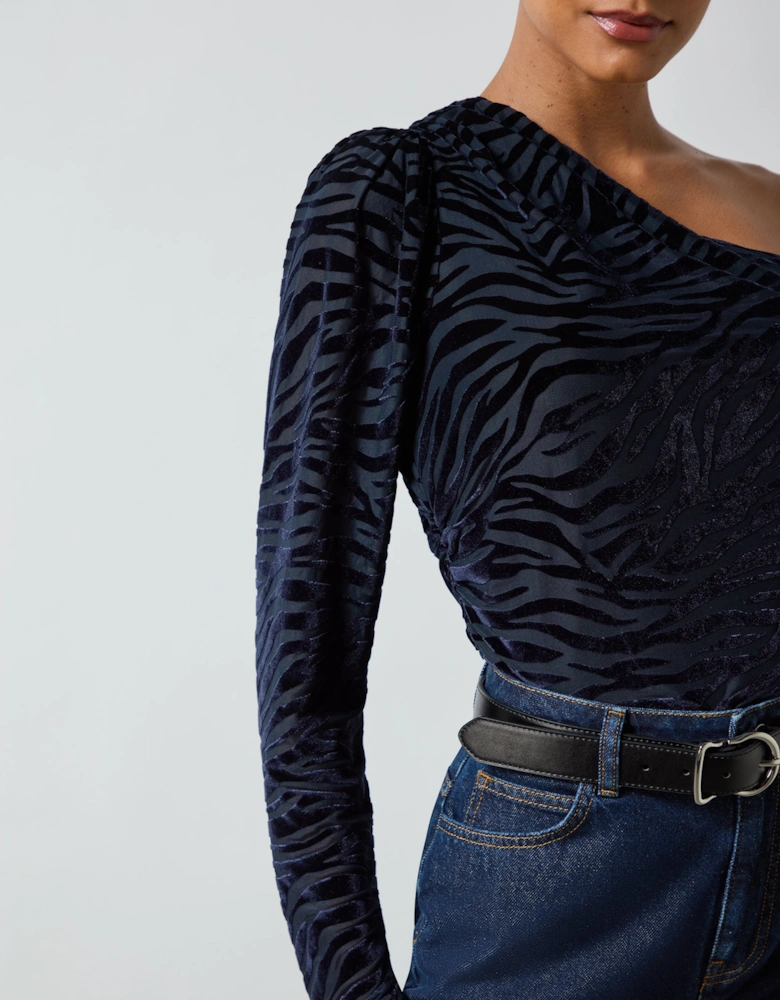 Navy Zebra Burnout One Shoulder Top