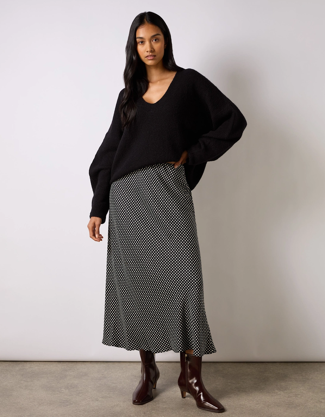 Mono Polka Dot Print Satin Skirt