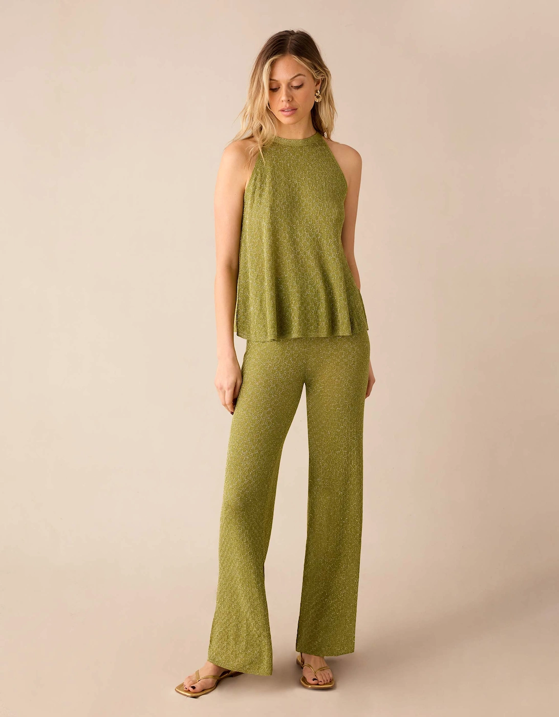 Green Sheer Lurex Knit Flared Trousers