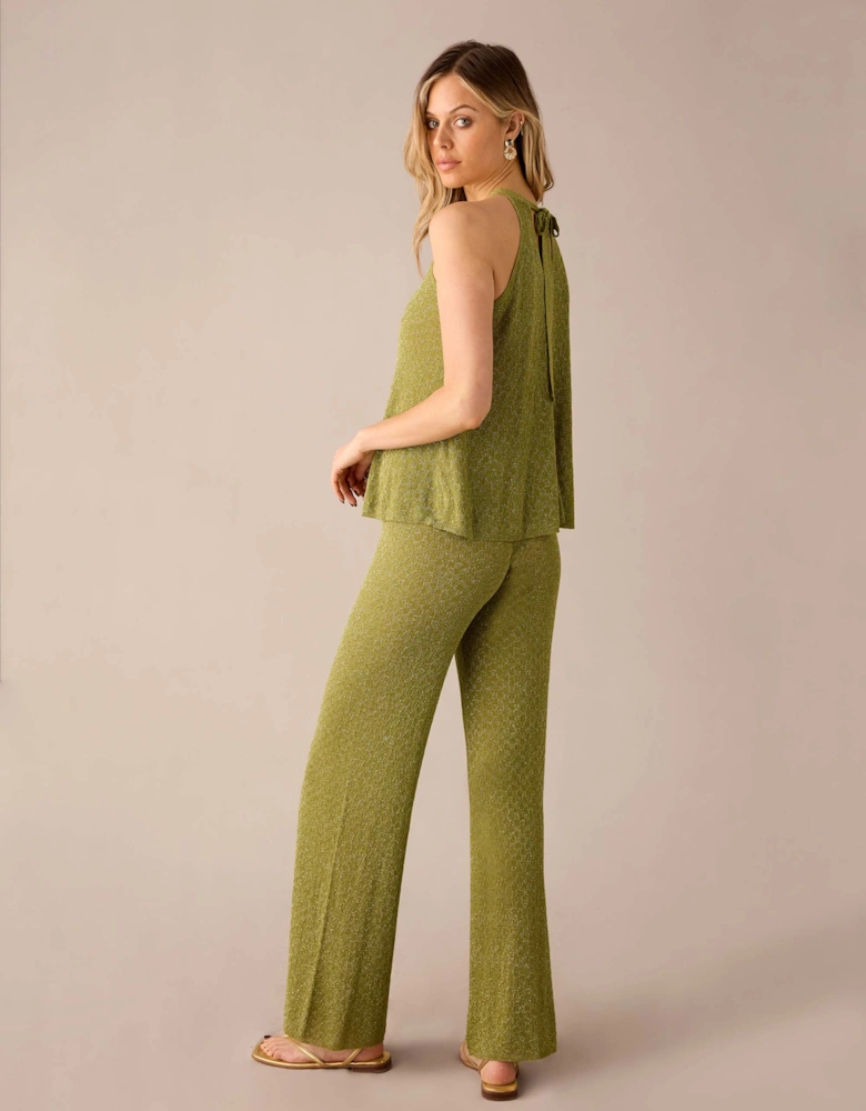Green Sheer Lurex Knit Flared Trousers