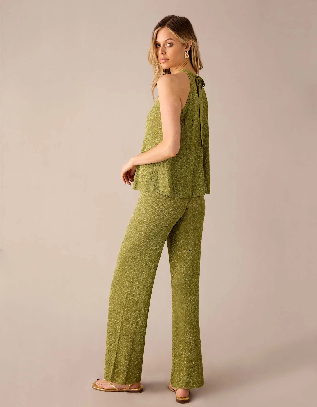 Green Sheer Lurex Knit Flared Trousers