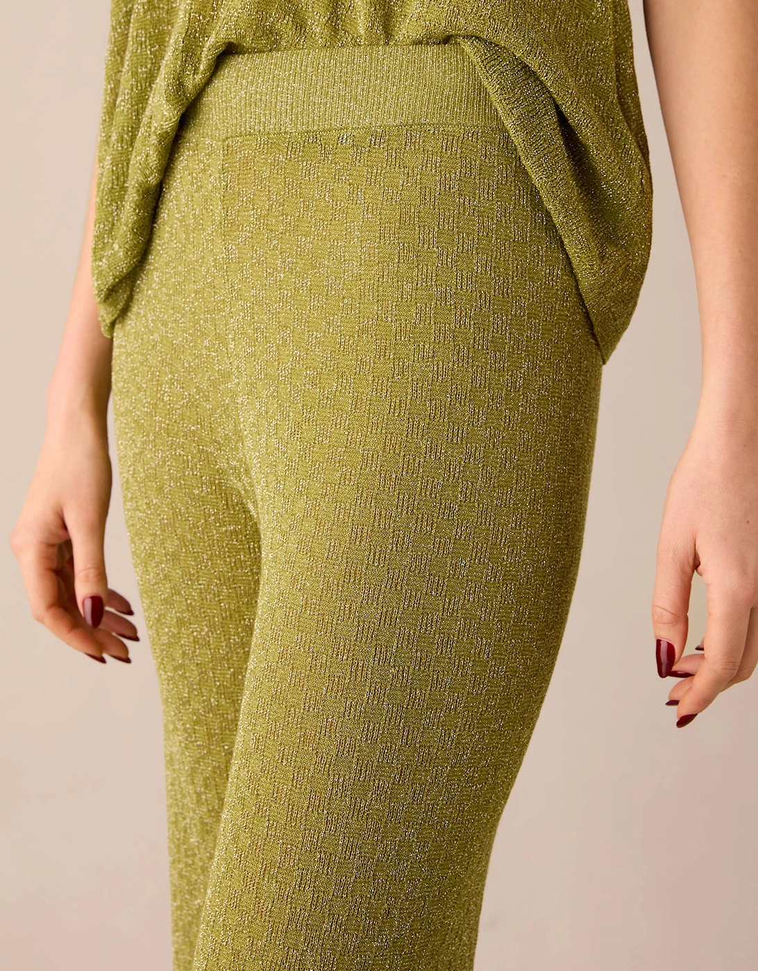 Green Sheer Lurex Knit Flared Trousers
