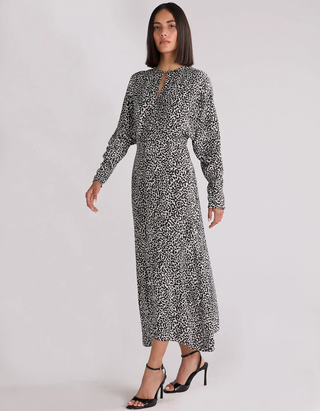Mono Dalmatian Print Batwing Sleeve Midaxi Dress