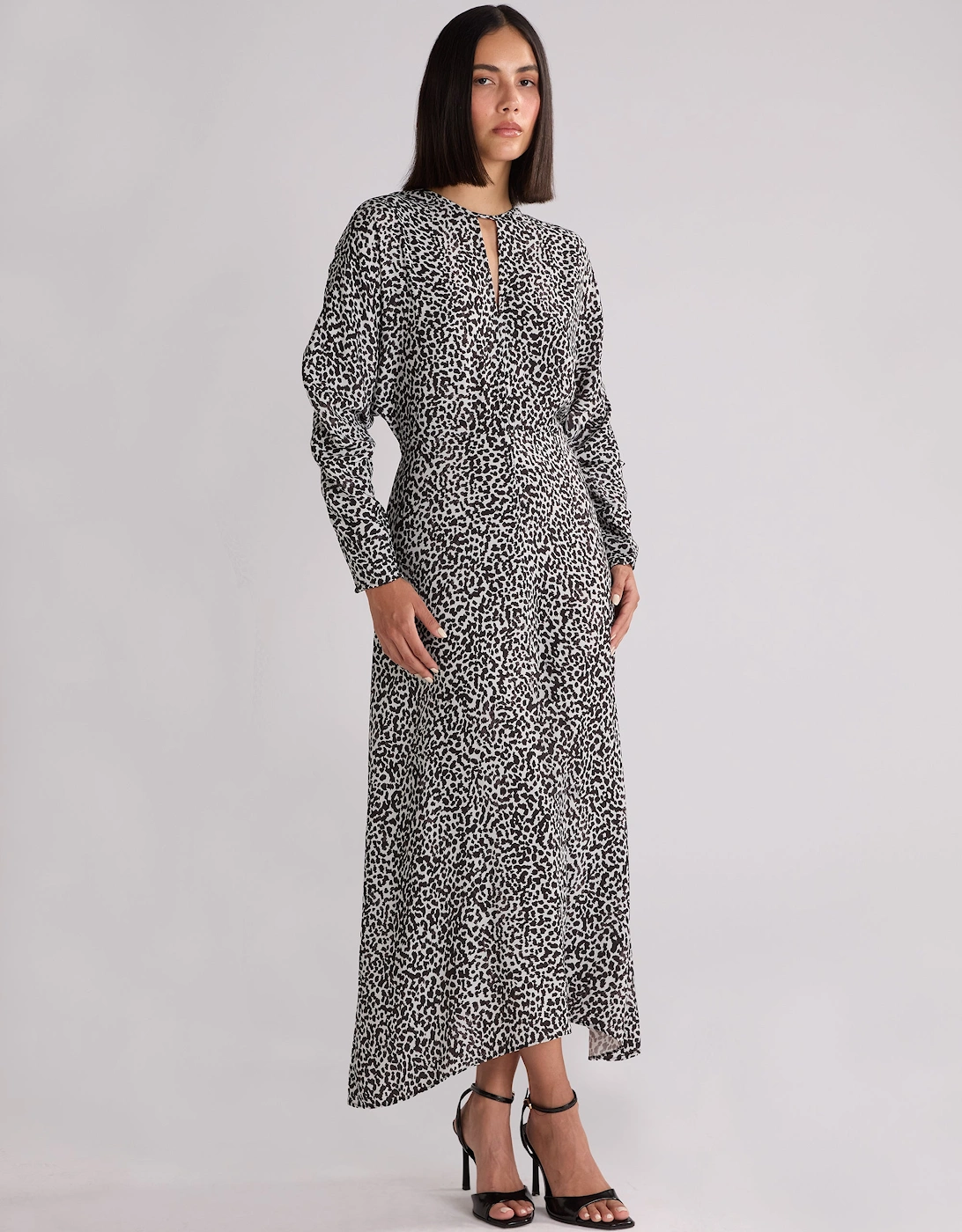 Mono Dalmatian Print Batwing Sleeve Midaxi Dress