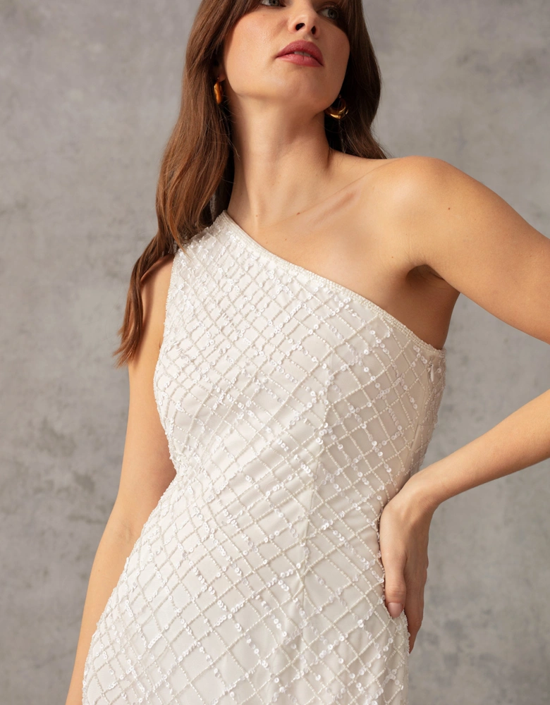 White One Shoulder Beaded Dress