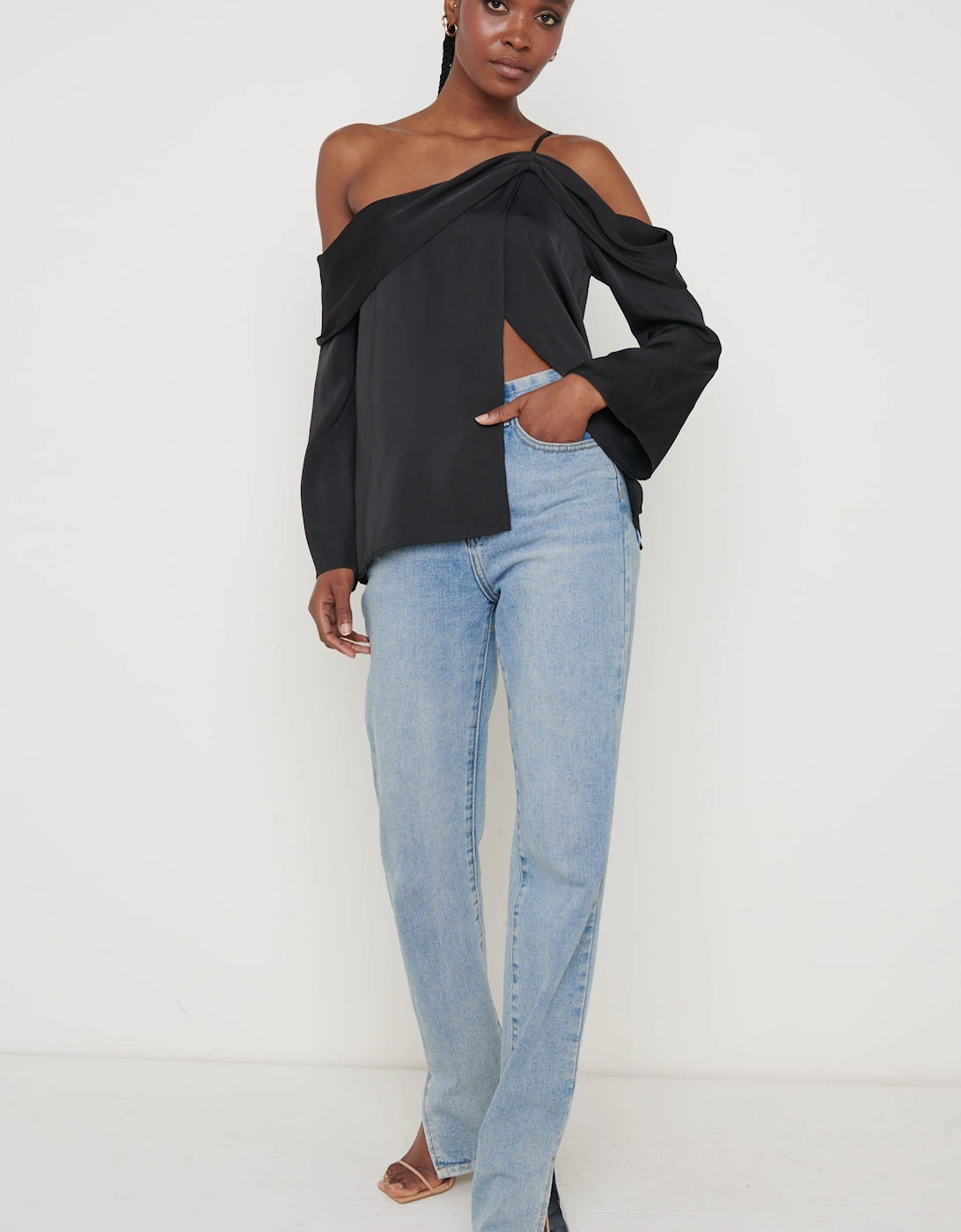 Estelle One Shoulder Drape Blouse - Black