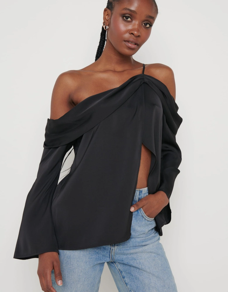 Estelle One Shoulder Drape Blouse - Black