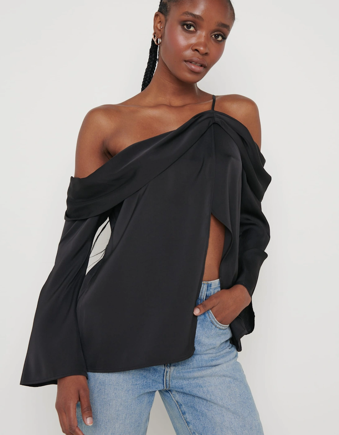 Estelle One Shoulder Drape Blouse - Black