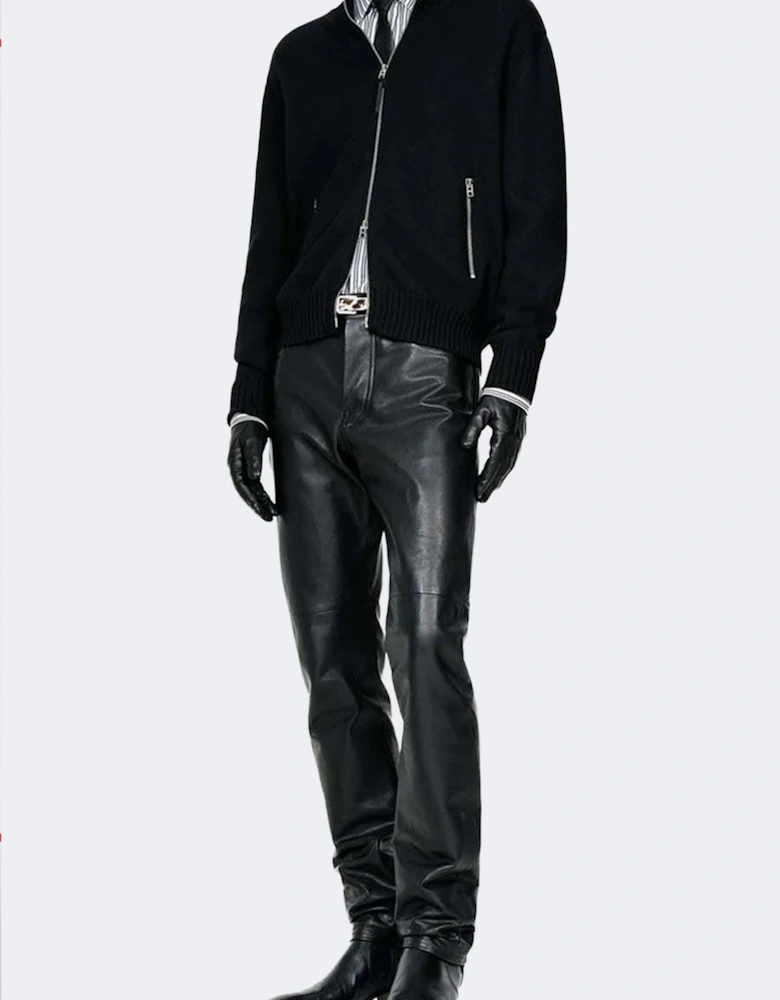 Leather Patches Zip Cardigan Black