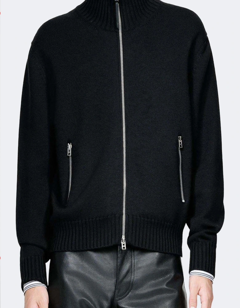 Leather Patches Zip Cardigan Black