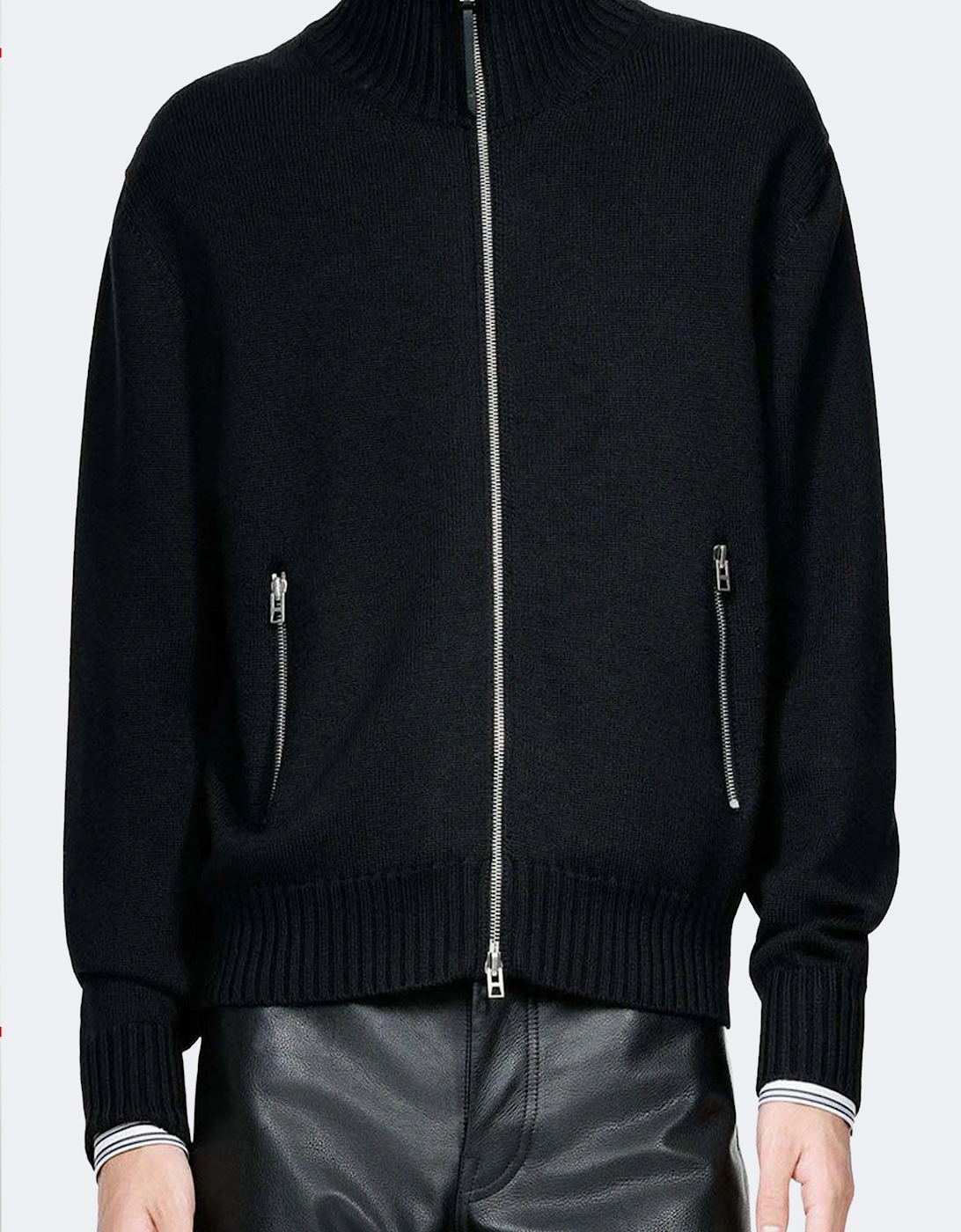Leather Patches Zip Cardigan Black