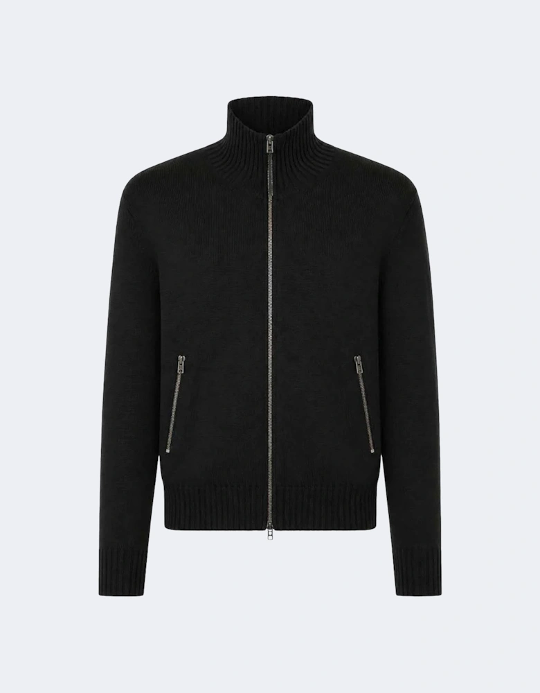 Leather Patches Zip Cardigan Black