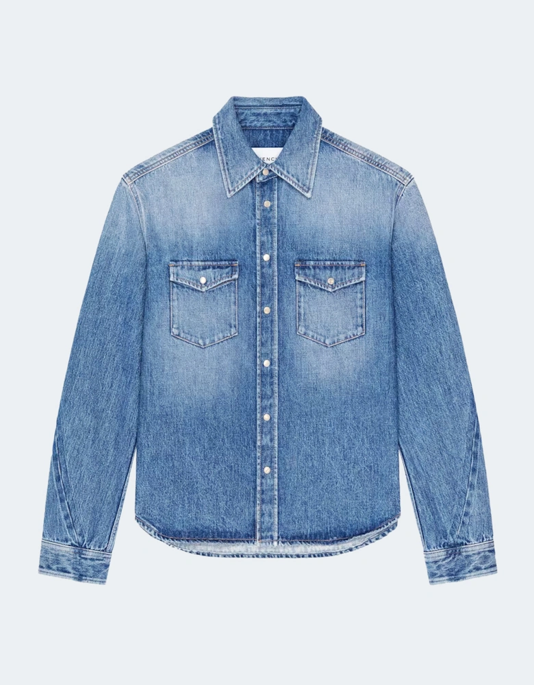 Leather Patch Denim Shirt Blue