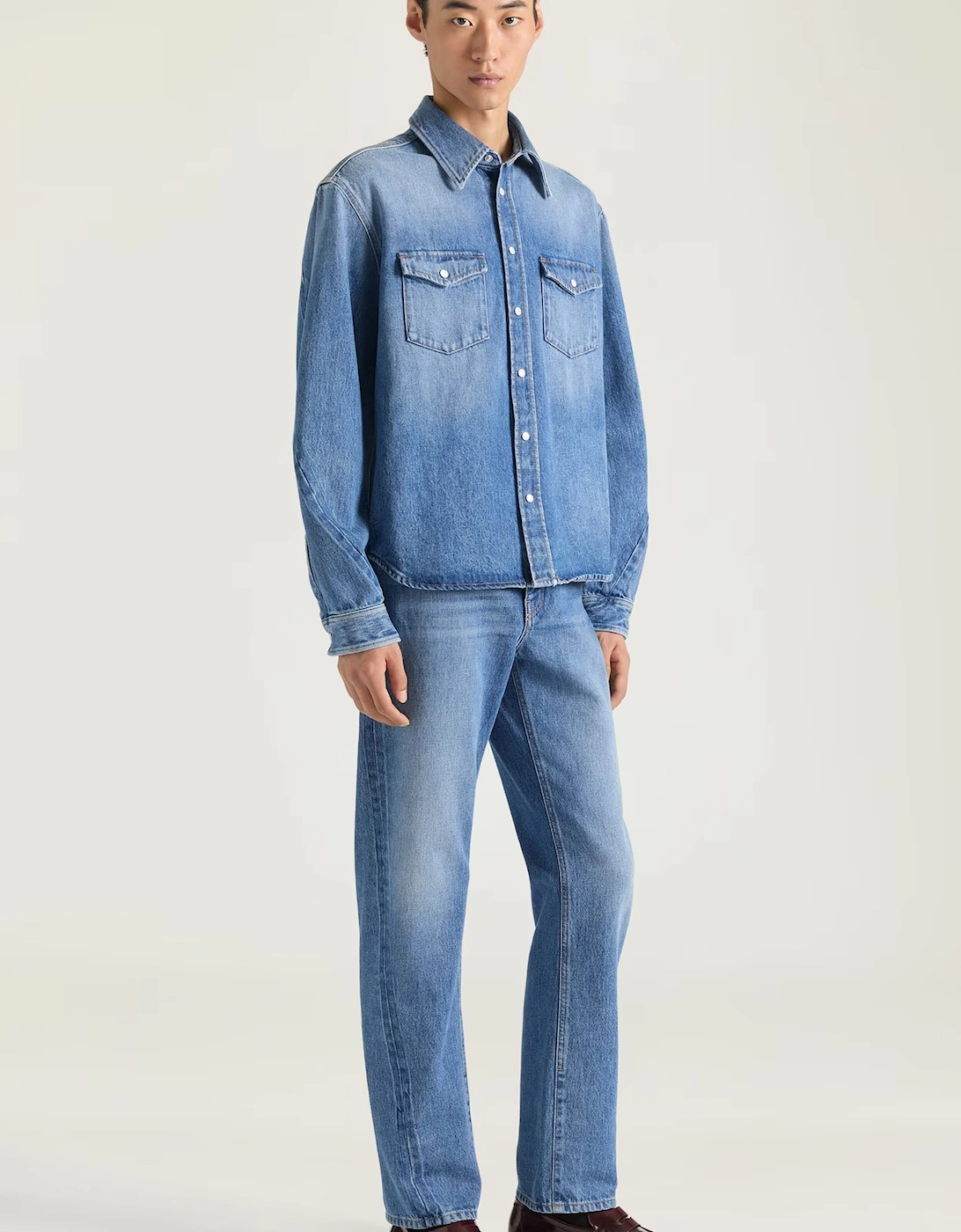 Leather Patch Denim Shirt Blue