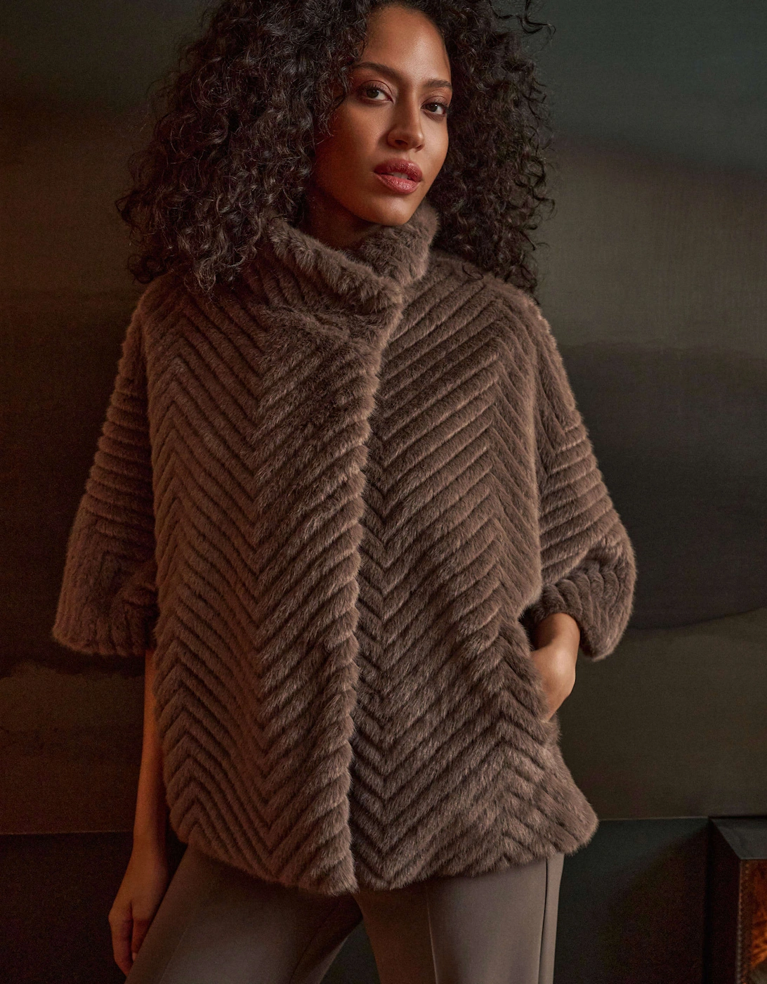 Chevron faux fur cape style jacket