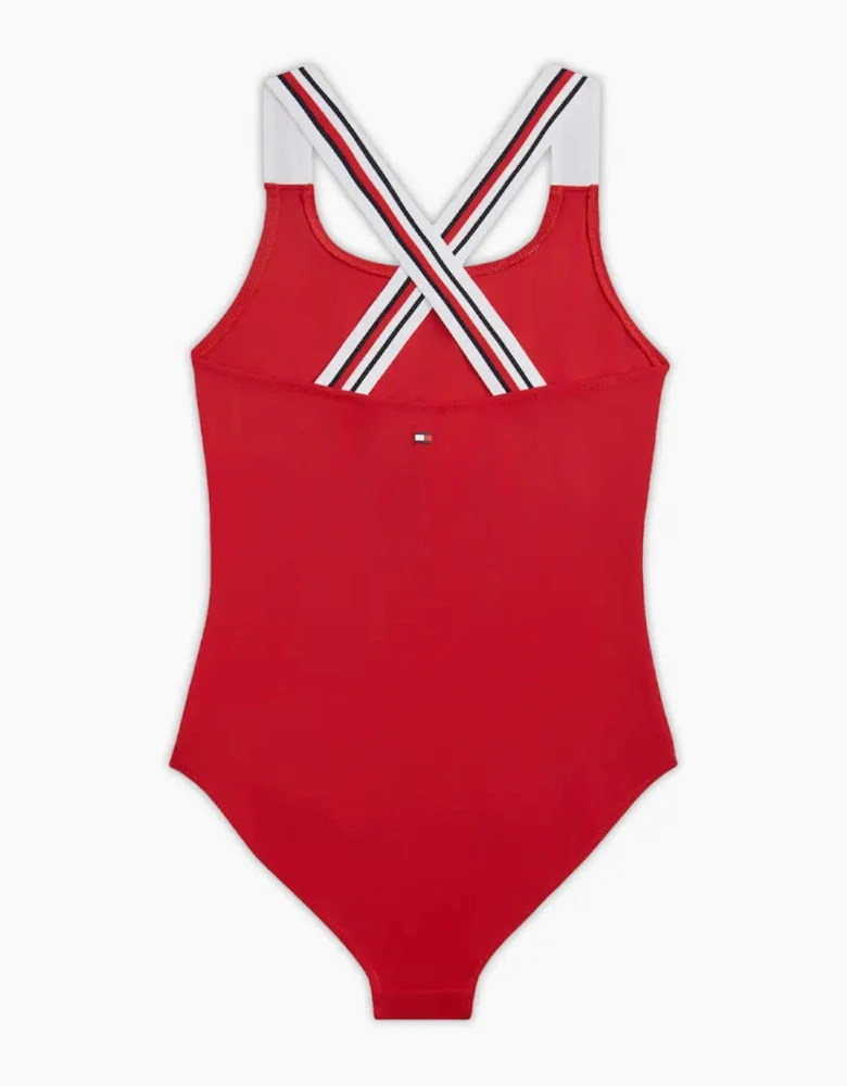 Girls Global Stripe Cross-Back Swimsuit, Primary Red