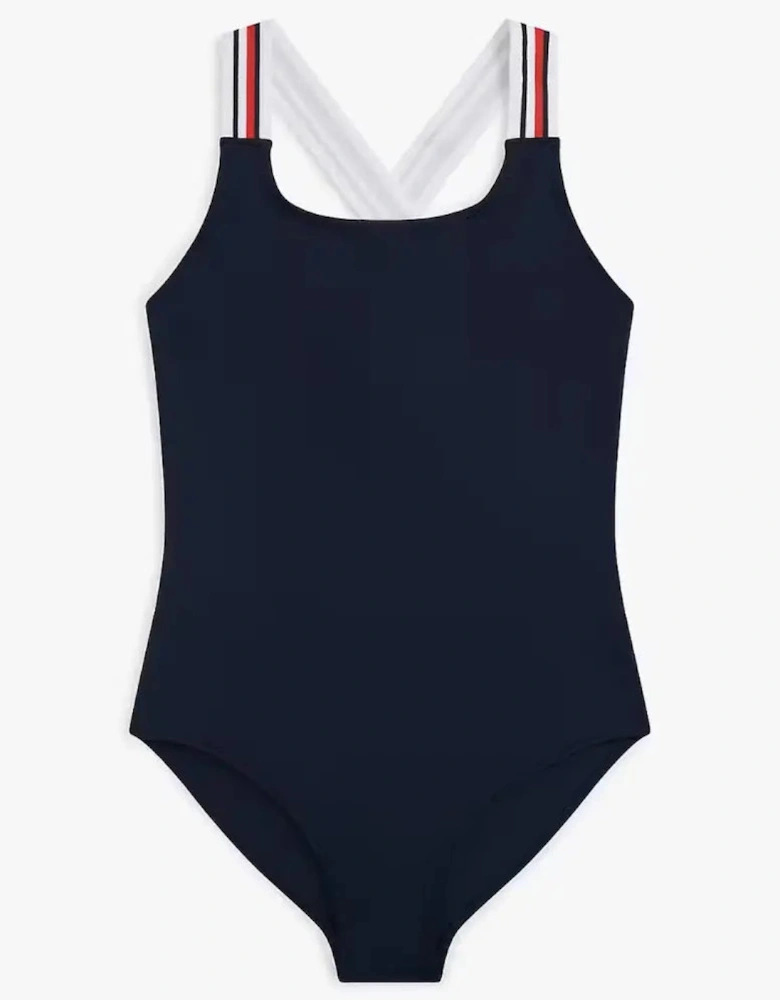 Girls Global Stripe Cross-Back Swimsuit, Dark Night Navy