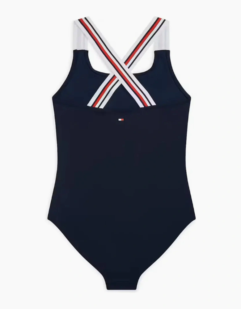 Girls Global Stripe Cross-Back Swimsuit, Dark Night Navy