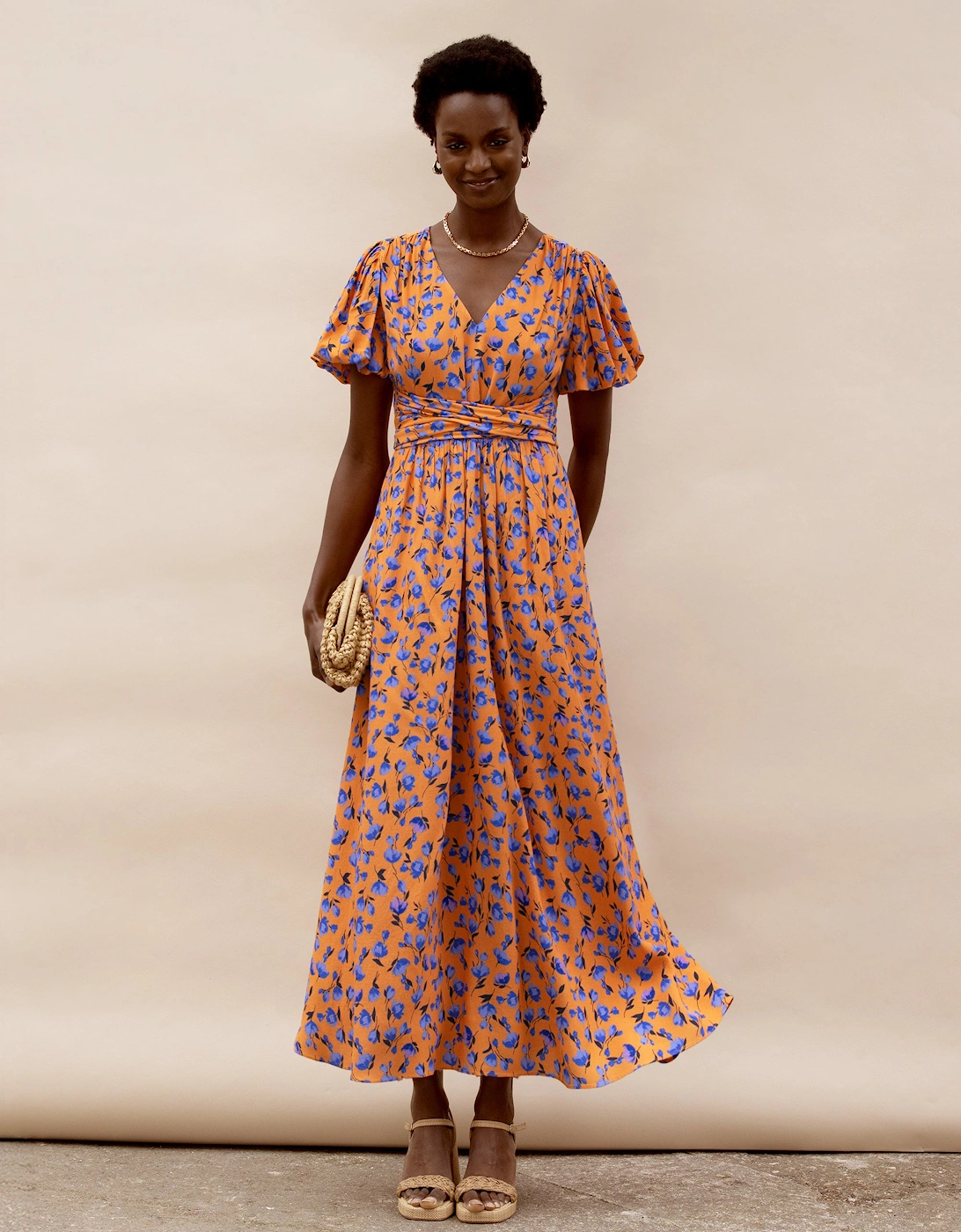 Petite Orange And Blue Floral Puff Sleeve Dress