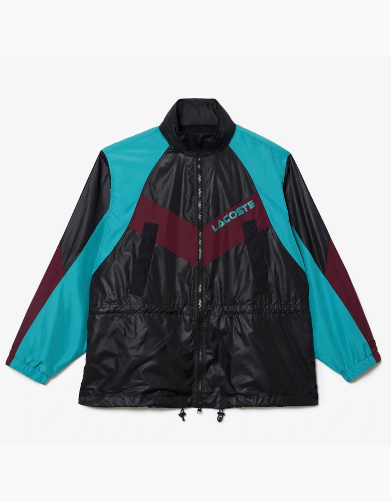 Hooded Neck Color Block Patterned Windbreaker with Zipped Pocket