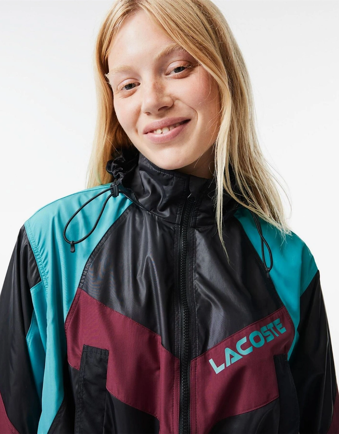 Hooded Neck Color Block Patterned Windbreaker with Zipped Pocket