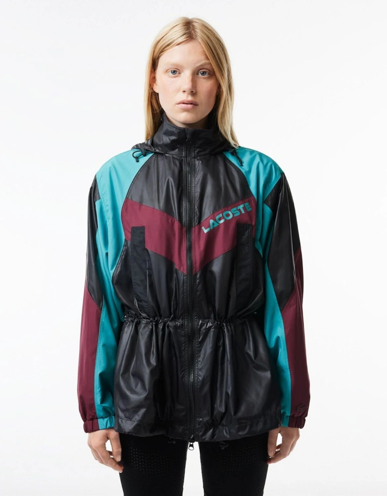 Hooded Neck Color Block Patterned Windbreaker with Zipped Pocket