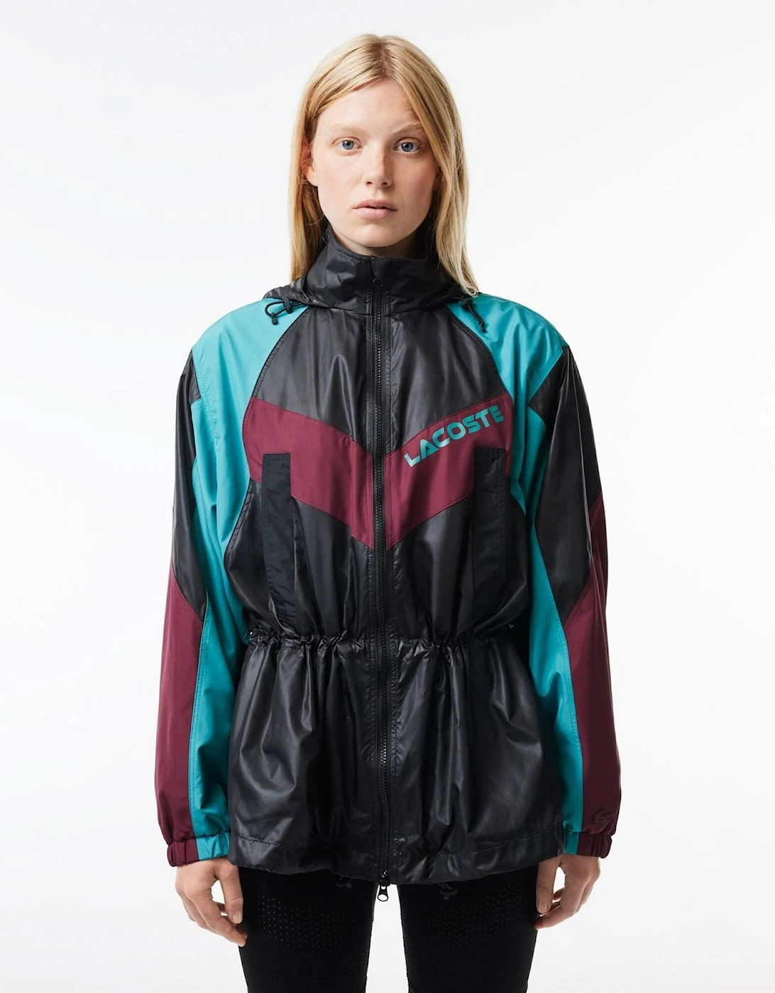 Hooded Neck Color Block Patterned Windbreaker with Zipped Pocket
