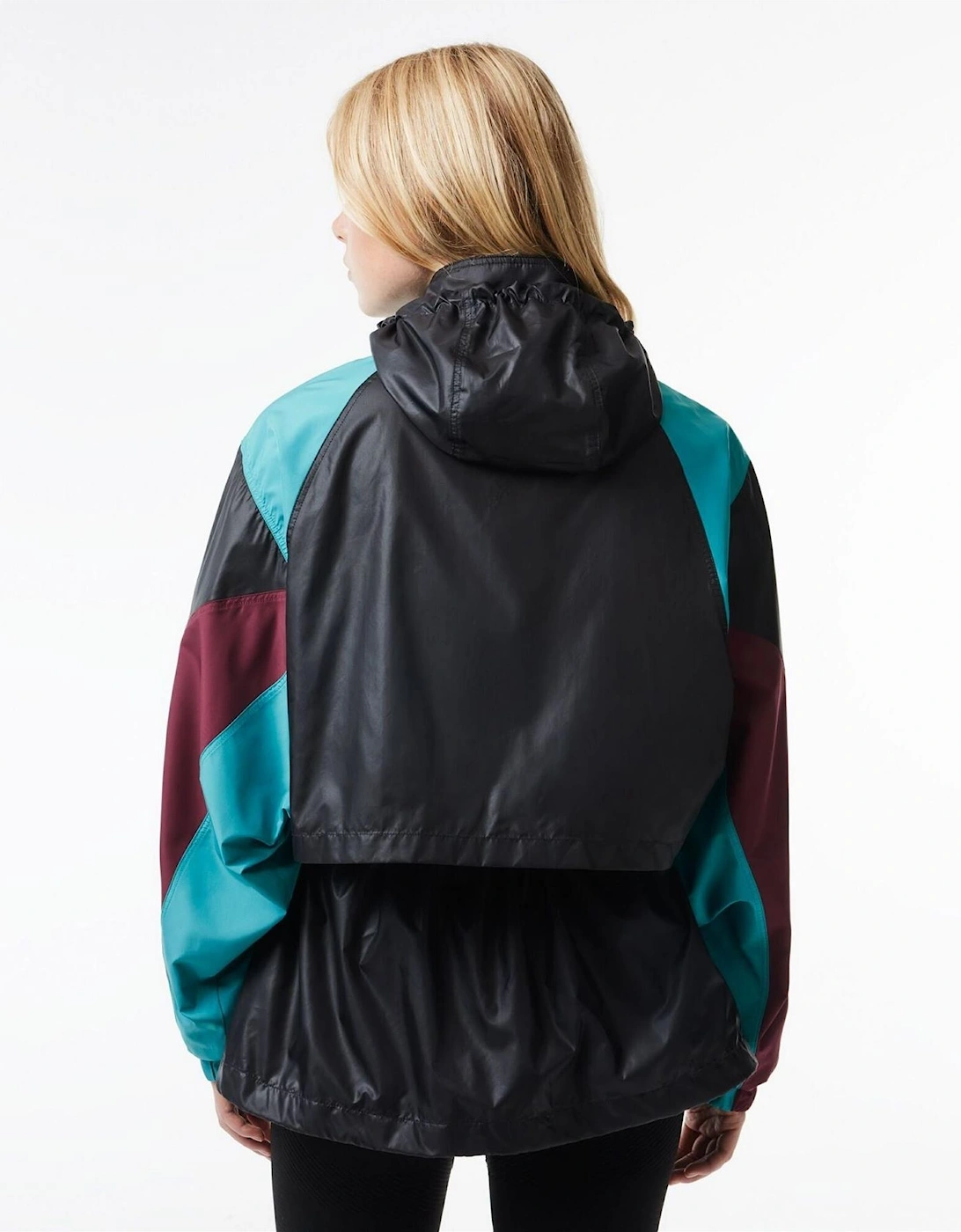 Hooded Neck Color Block Patterned Windbreaker with Zipped Pocket