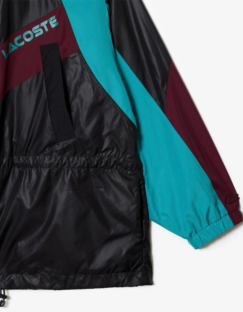 Hooded Neck Color Block Patterned Windbreaker with Zipped Pocket