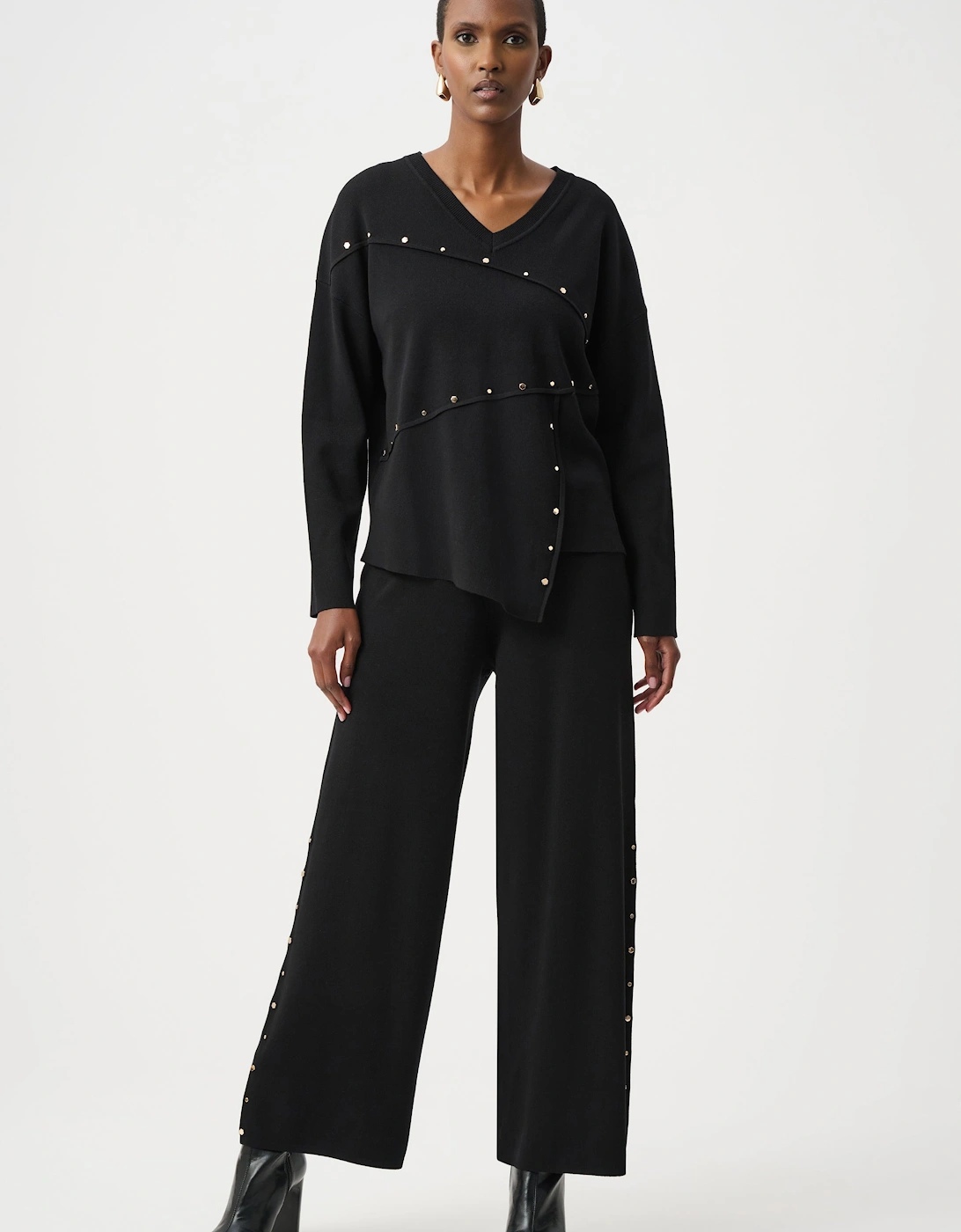 Wide leg pull on sweater pants with metal stud detail