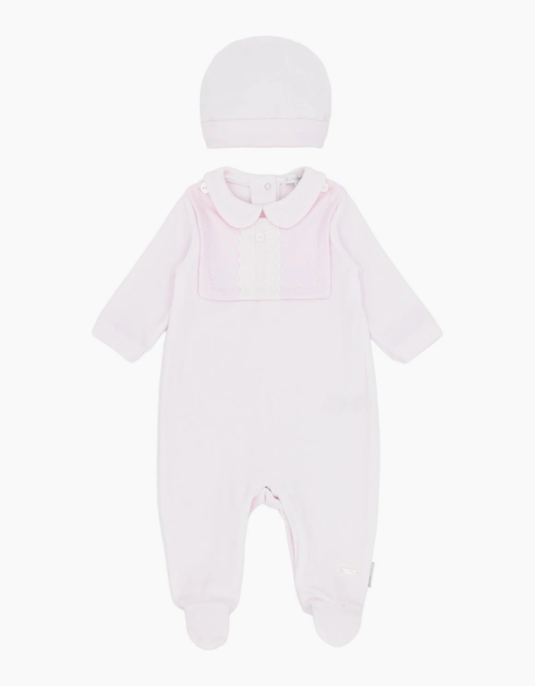 Girls Pale Pink Velour Babygrow and Hat