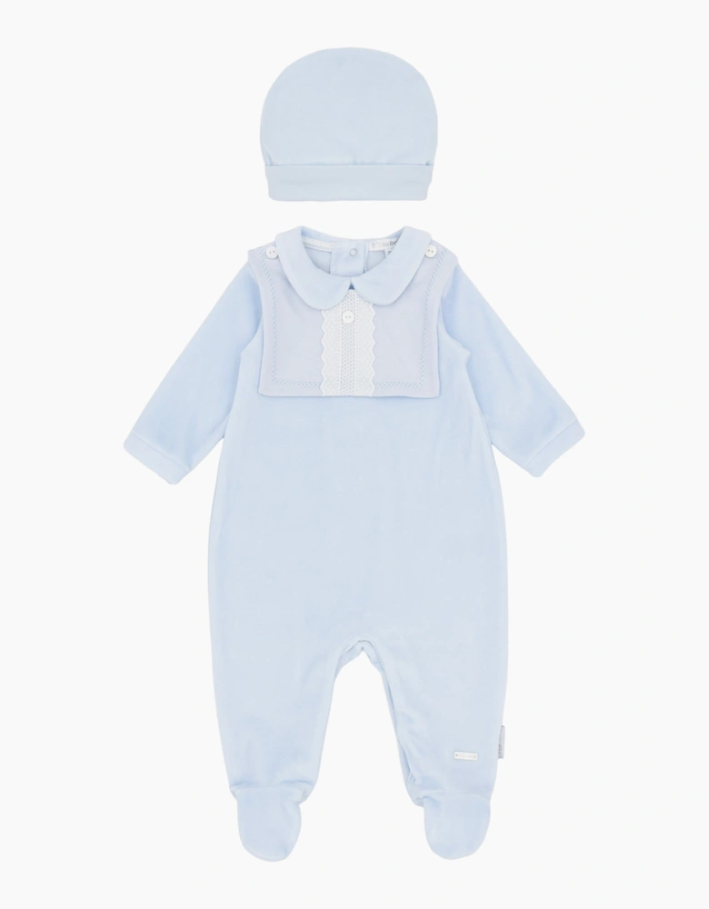 Boys Pale Blue Velour Babygrow and Hat