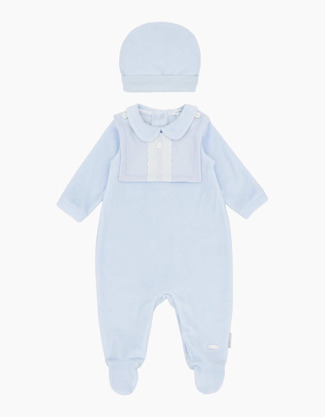 Boys Pale Blue Velour Babygrow and Hat, 2 of 1