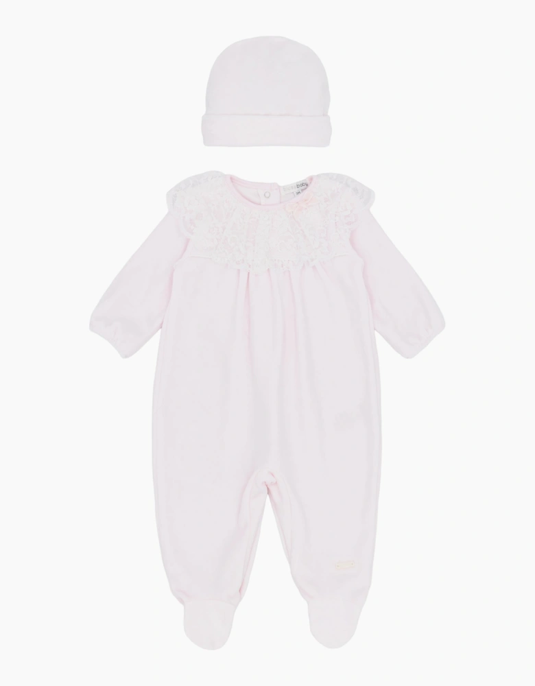 Girls Pale Pink Lace Velour Babygrow