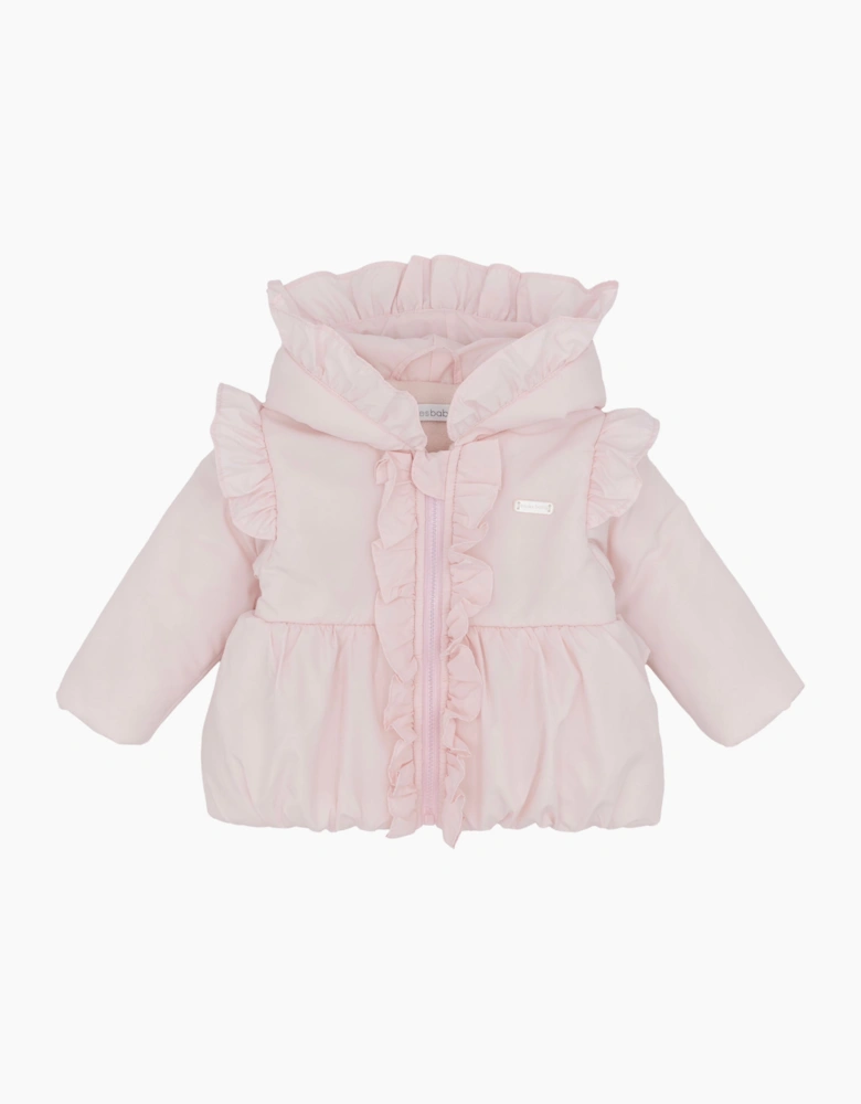 Girls Pale Pink Frill Puffer Coat
