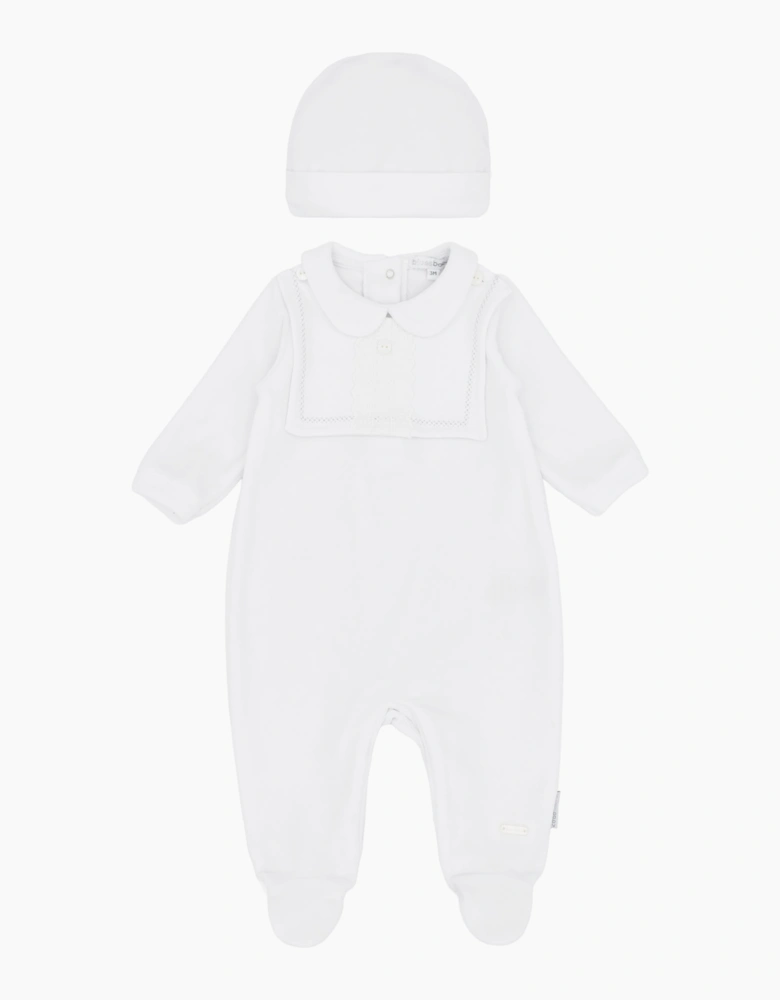 White Velour Babygrow and Hat