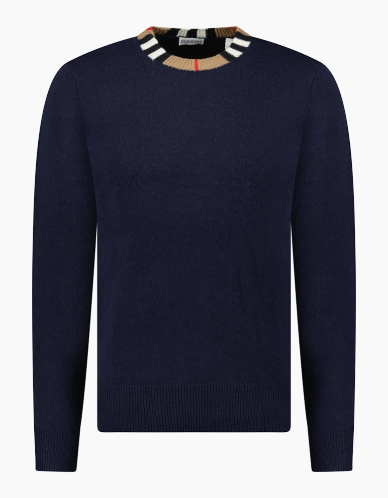Burberry 'Noland' Knitted Wool/ Cashmere Jumper Check Neck Navy
