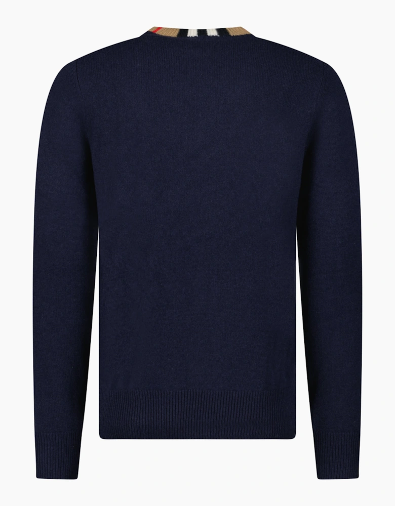 Burberry 'Noland' Knitted Wool/ Cashmere Jumper Check Neck Navy