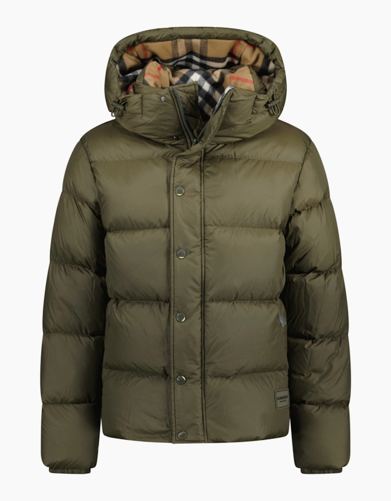 Burberry 'Halsby' Hooded Check Down Jacket Khaki