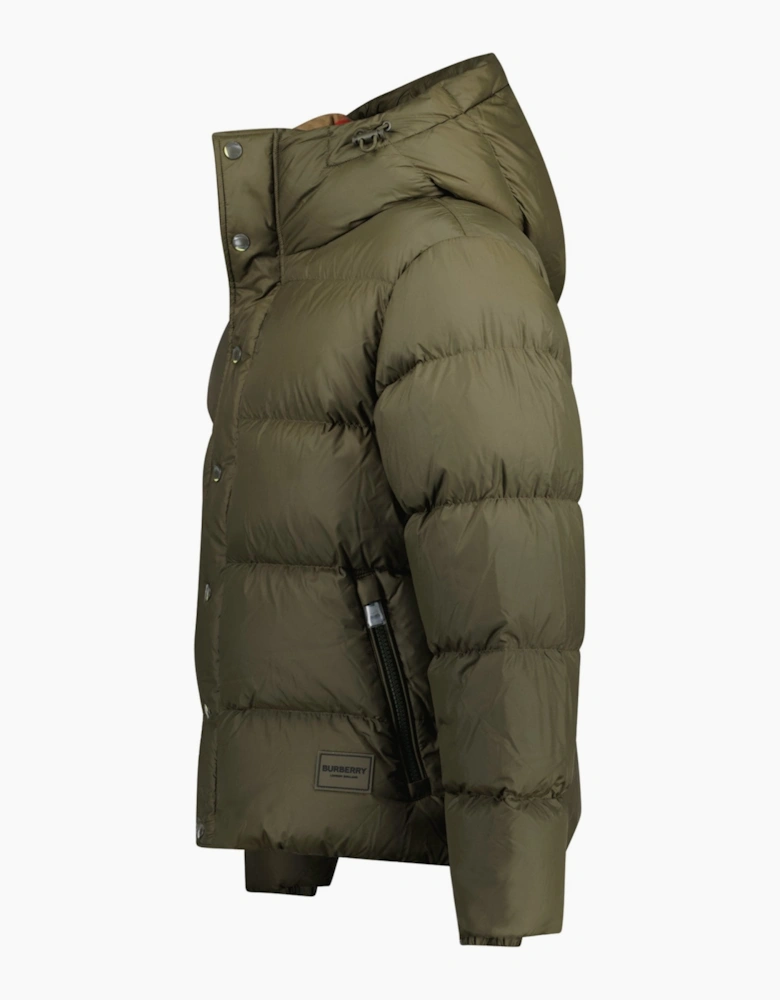 Burberry 'Halsby' Hooded Check Down Jacket Khaki