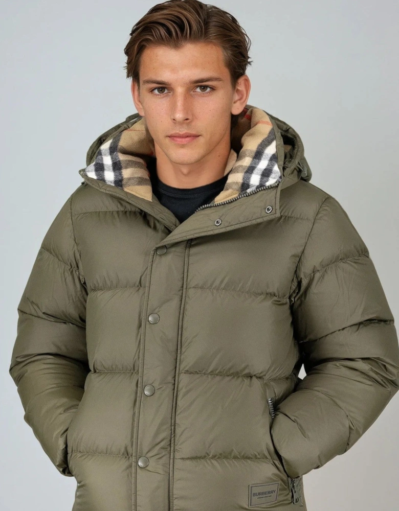 Burberry 'Halsby' Hooded Check Down Jacket Khaki