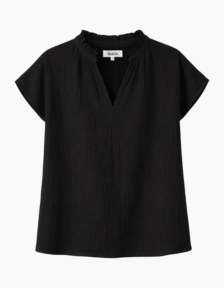 Black Frill-Neckline Cheesecloth Top