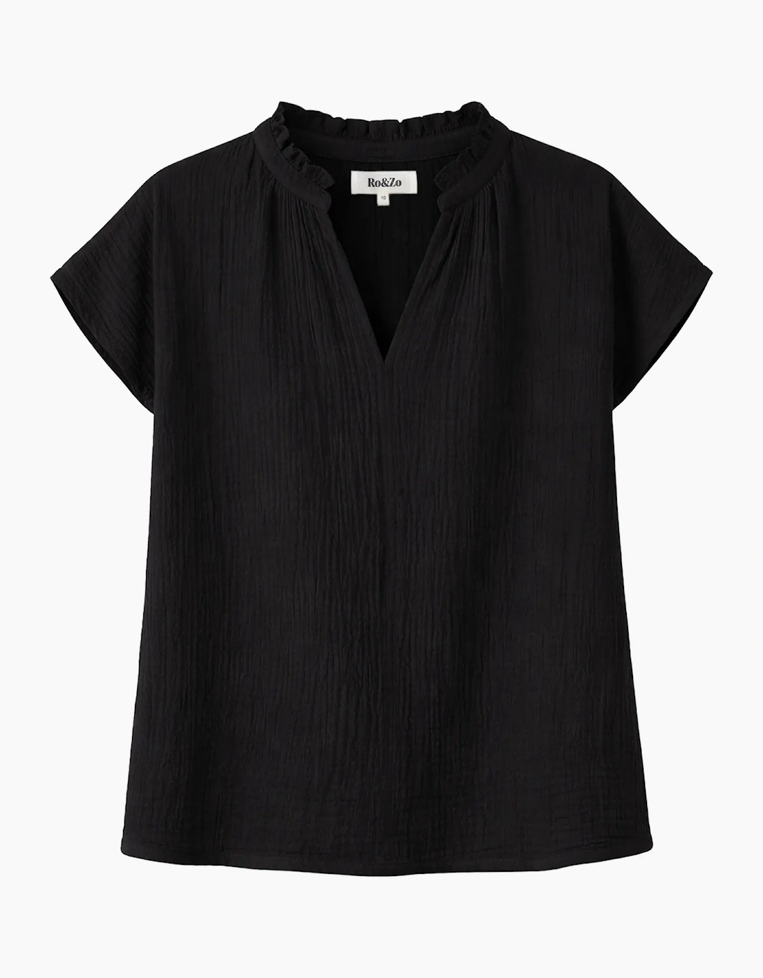 Black Frill-Neckline Cheesecloth Top