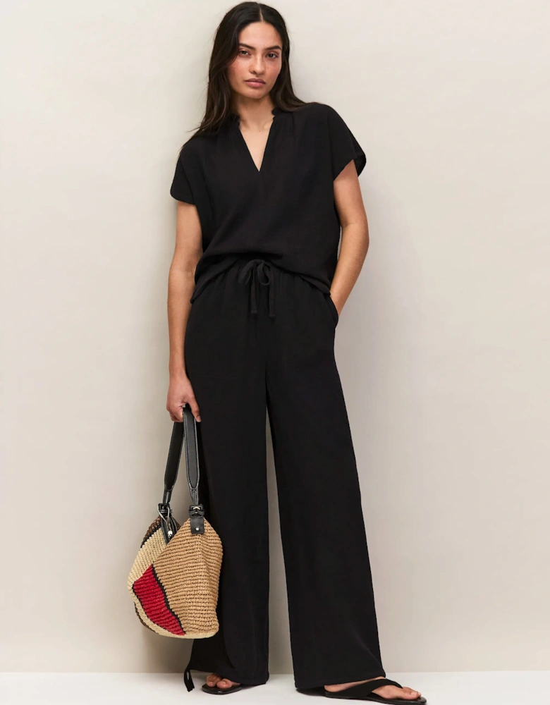 Black Frill-Neckline Cheesecloth Top