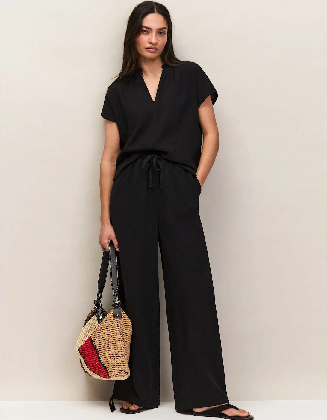 Black Frill-Neckline Cheesecloth Top