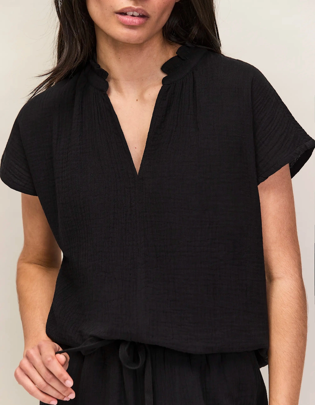 Black Frill-Neckline Cheesecloth Top