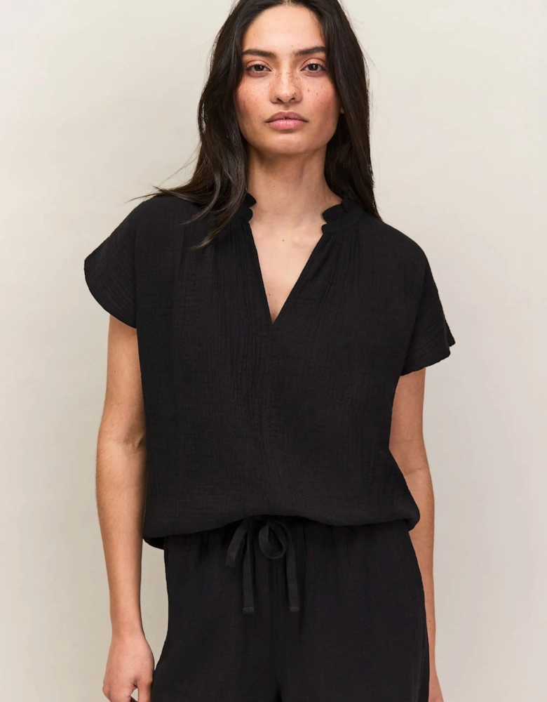 Black Frill-Neckline Cheesecloth Top