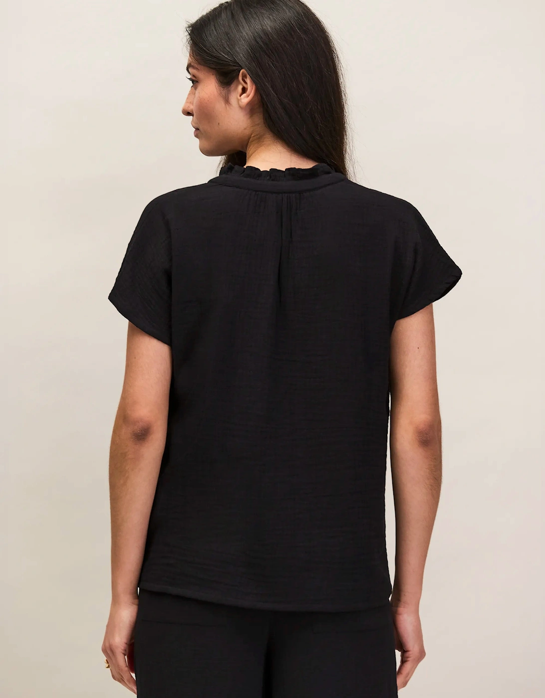 Black Frill-Neckline Cheesecloth Top